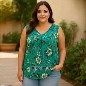 Daniel Rainn Green Floral Open Back Crochet Lace Tank Top Size 2X Plus